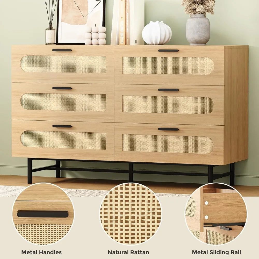 Wooden Dresser for Bedroom, Natural Rattan Dresser with Drawers 6 Drawer Chest of Drawers, Double Dressers Chest for Living Room