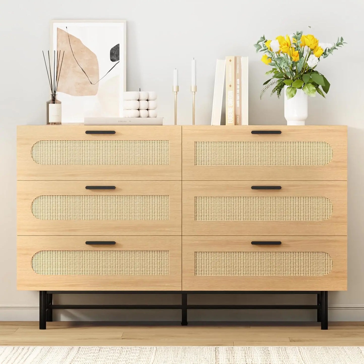 Wooden Dresser for Bedroom, Natural Rattan Dresser with Drawers 6 Drawer Chest of Drawers, Double Dressers Chest for Living Room