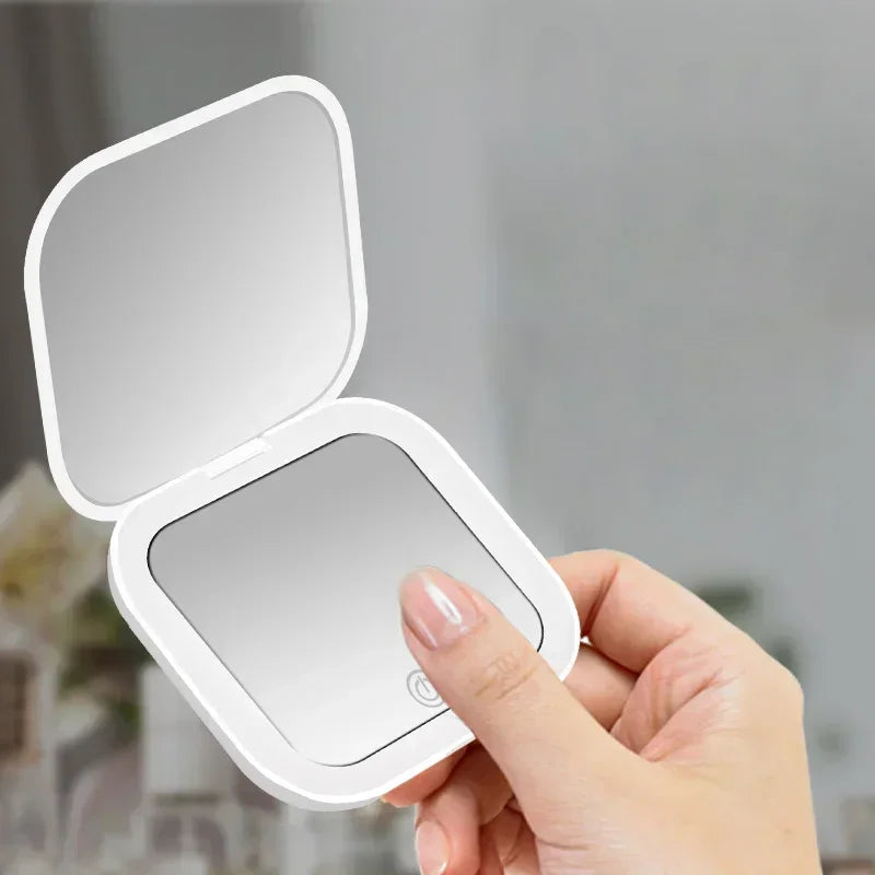 2X magnifying Compact Small Mini Gift Vanity Table Folding Led Lights Portable Hand Held Pocket Makeup Mirror