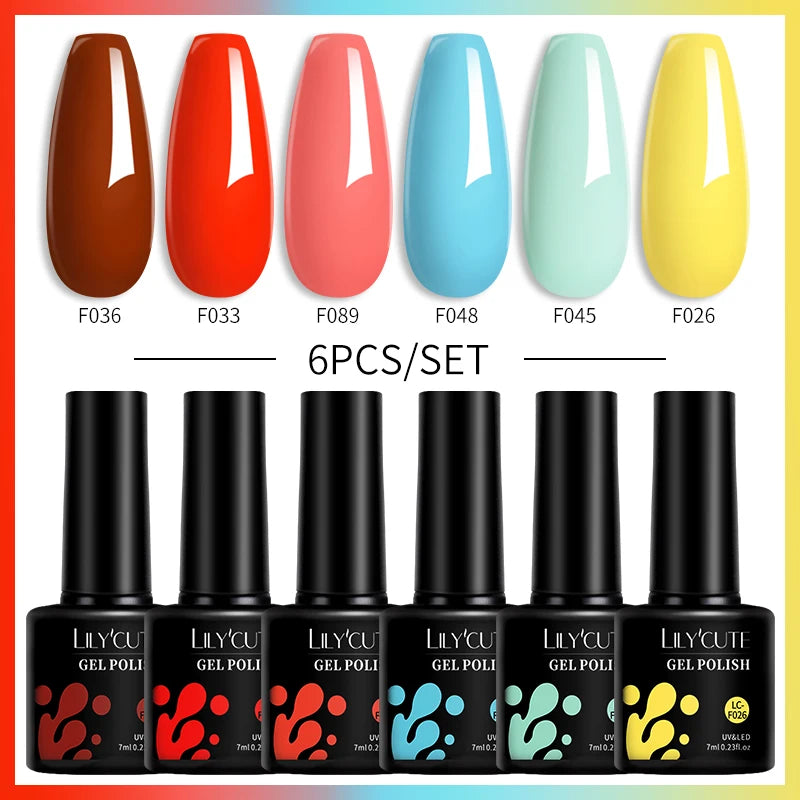 LILYCUTE 6Pcs/Set Macaron Color Gel Nail Polish Set Kit Spring 6 Colors UV LED Nail Art Gel Vernis Semi Permanent Base Top Coat