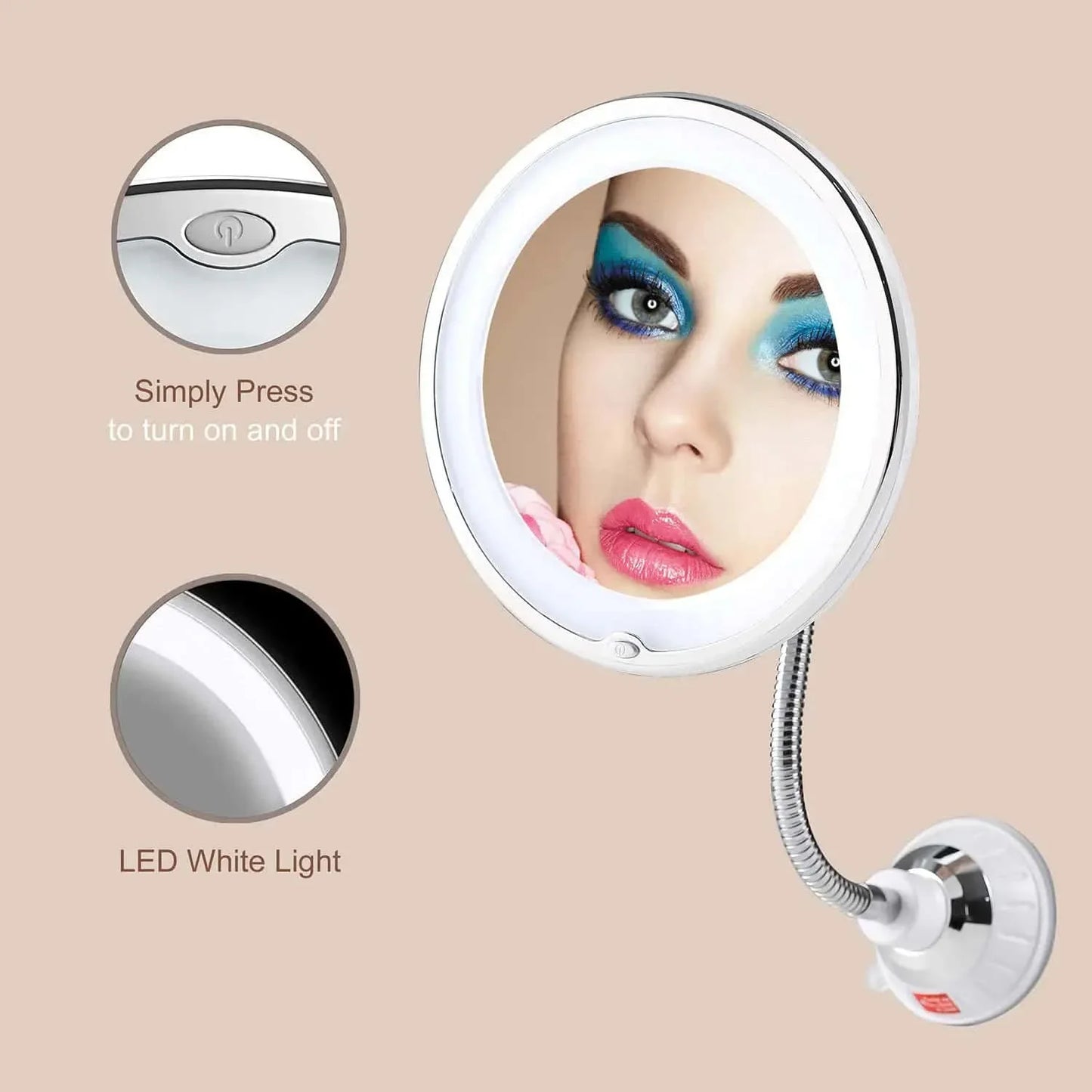 Flexible Gooseneck Makeup Mirror with LED Light 10X Magnifying Mirror Suction Cup Bright Diffused Light and 360 Degree Swivel