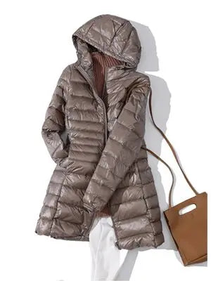 0-10℃ Winter Jackets Women White Duck Down Long Coat Female Hooded Quilted Parkas Ultra Light Portable Down Coats for Women