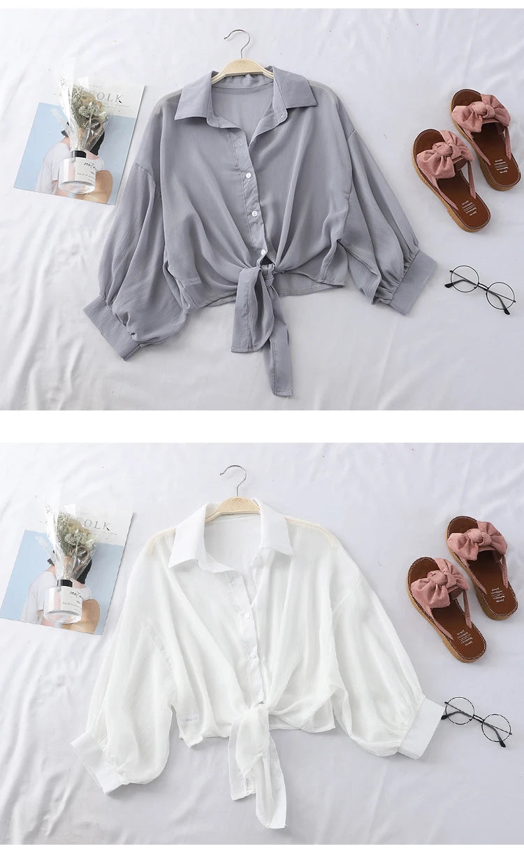 Casual Loose Hollow White Clothes Elegant Solid Color Tied Waist Blouse Women Summer Bat Half Sleeve Button Chiffon Shirt 9776