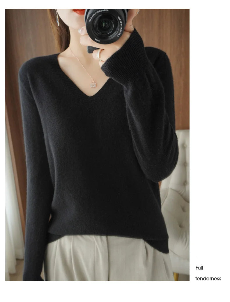 New Cashmere Women's V-neck Pullover Lace Neck Hollow Out Design Casual Knitted Long Sleeve Women's Sweater Autumn And Winter