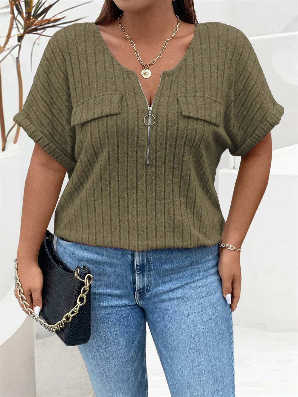 GIBSIE Plus Size Solid O-Ring Zip Front T Shirt for Women Summer 2024 O-Neck Short Sleeve Rib Knit Casual Tees Tops Female