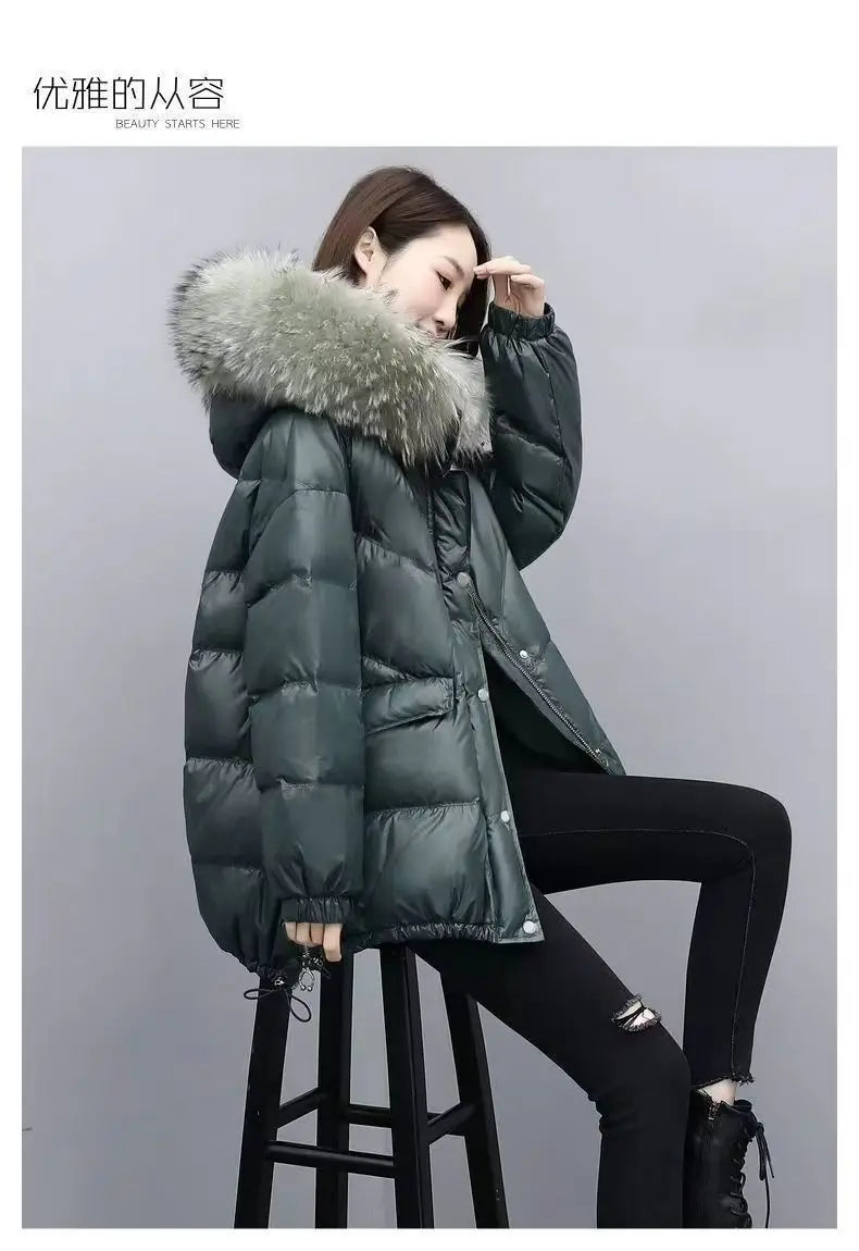 2024 Winter New Warm Down Cotton Jacket With Large Fur collar Hooded Coat Loose Women Thicken Parker Puffer Overcoat Casual wear