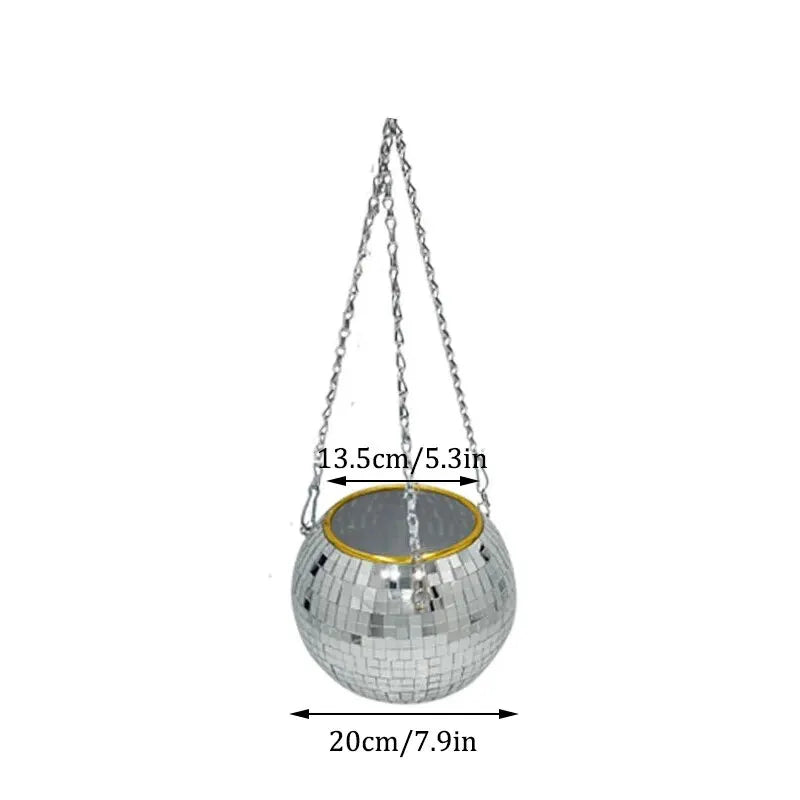 1PC Disco Ball Creative Round Flowerpot Hanging Basket Plastic Glass Mirror Plant Planting Pot Succulent Slivery