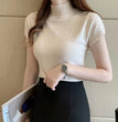 Women Spring Summer Knitted Pullover Sweater Lady Casual Turtleneck Solid Color Short Sleeve Blouse Pullover