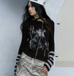 HOUZHOU Gothic Vintage Punk Hoodie Women American Retro Grunge Y2k Graphic Striped Patchwork Zipper Tees Tops Spring 2024 Chic