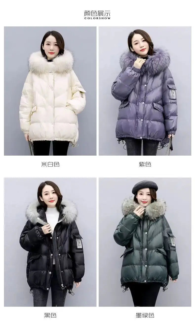 2024 Winter New Warm Down Cotton Jacket With Large Fur collar Hooded Coat Loose Women Thicken Parker Puffer Overcoat Casual wear