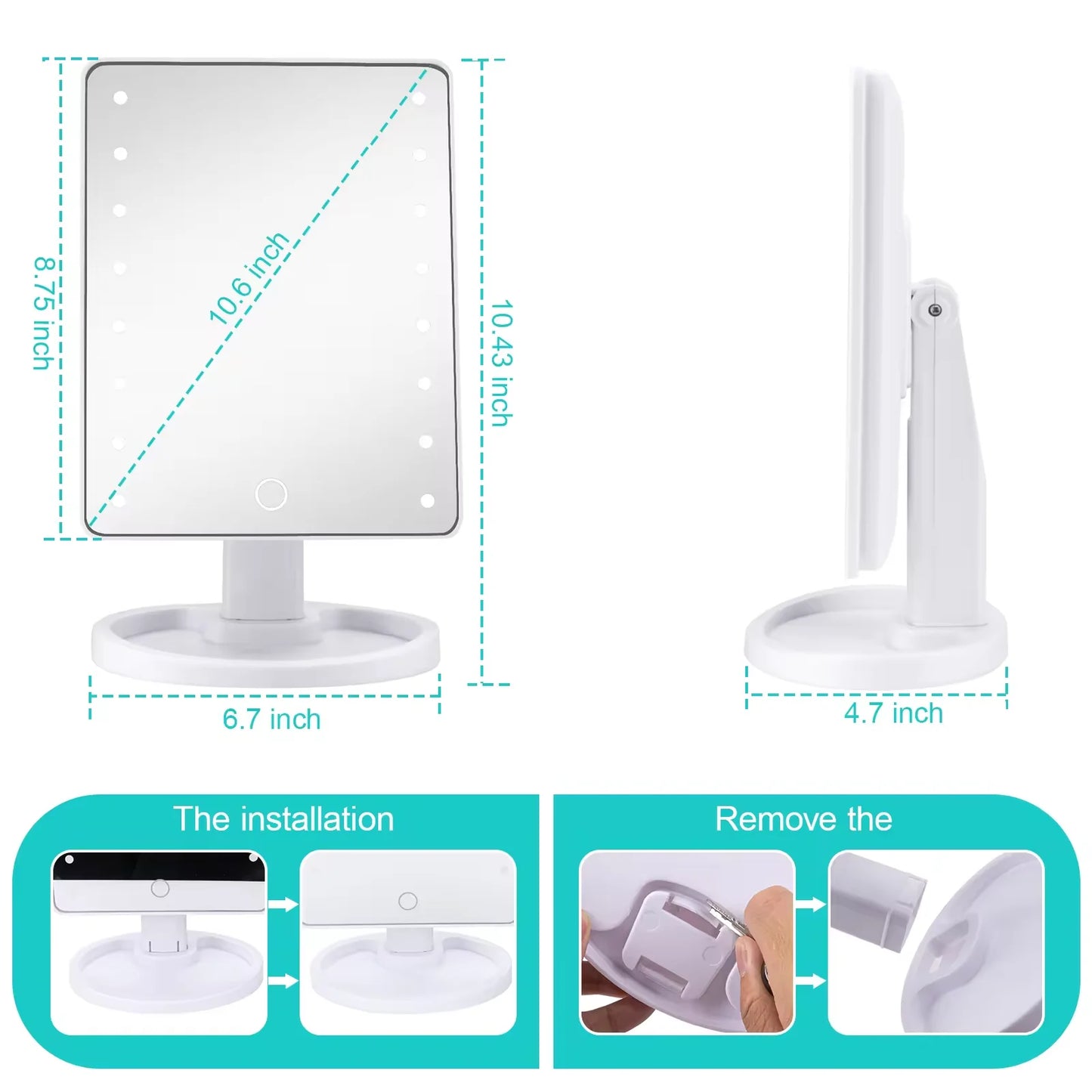 Lighted Makeup Mirror, Square 4*AA Battery - use Beauty Mirror ,Touch Screen VanityMirror,Brightnes