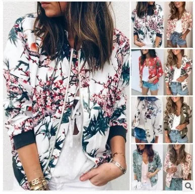 Women Elegant Zipper Bomber Jacket Spring Autumn Floral Printed Jackets Office Wear Slim Office Coat Retro Outwear