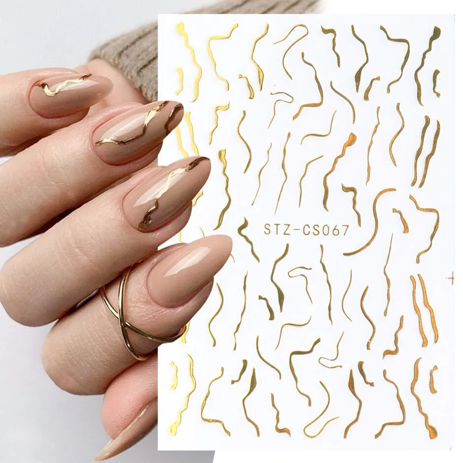 Abstract Geometry Stickers For Nail 3D Laser Gold Black Leaves Heart Line Adhesive Sliders Decor Holographic Decal