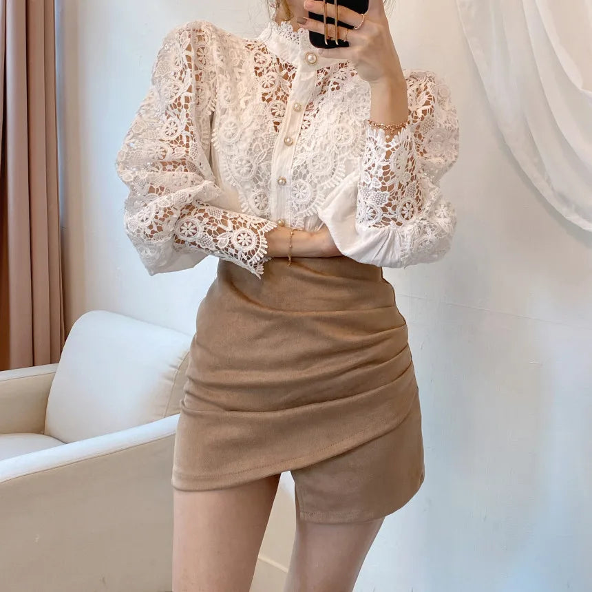 Fashion Long Sleeve Women Blouse Hollow Out Lace Blouse Shirt Tops Women Blusas Mujer De Moda 2024 Blouses Femme Women Shirts