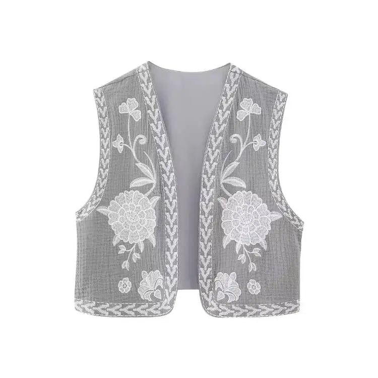 KEYANKETIAN Women Vintage Floral Embroidered Open WaistCoat Ladies National Style Vest Jacket Outfits Casual Vacation Crop Top