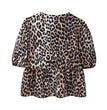 Leopard Shirt Summer Crop Top Puff Sleeve Blouse With Lace-up Closing New Women's Clothing