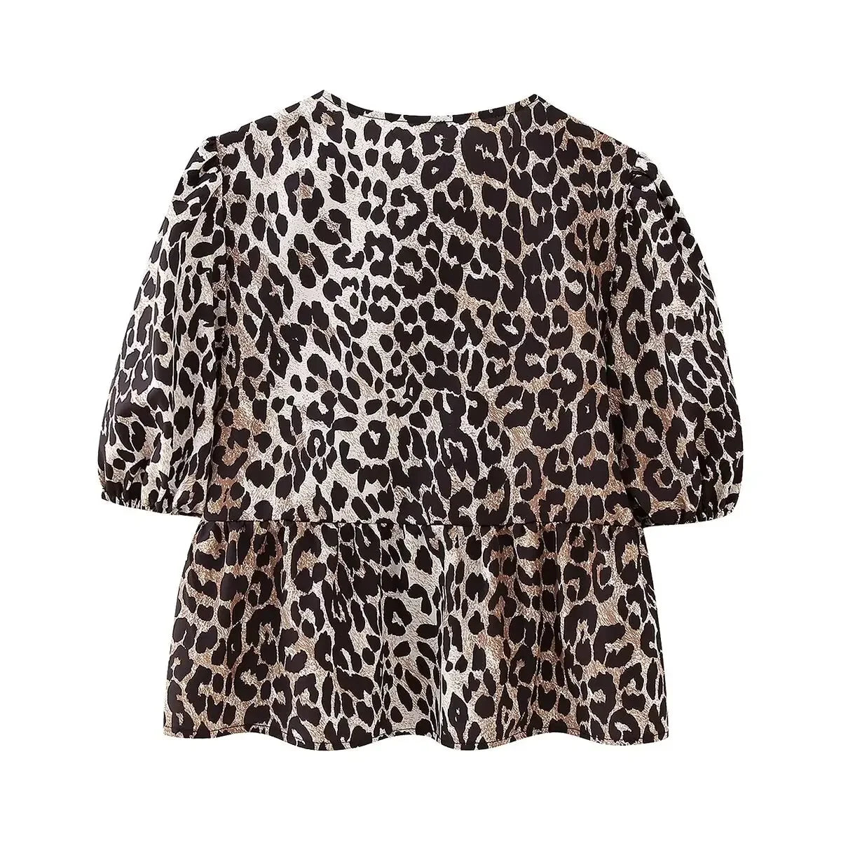 Leopard Shirt Summer Crop Top Puff Sleeve Blouse With Lace-up Closing New Women's Clothing