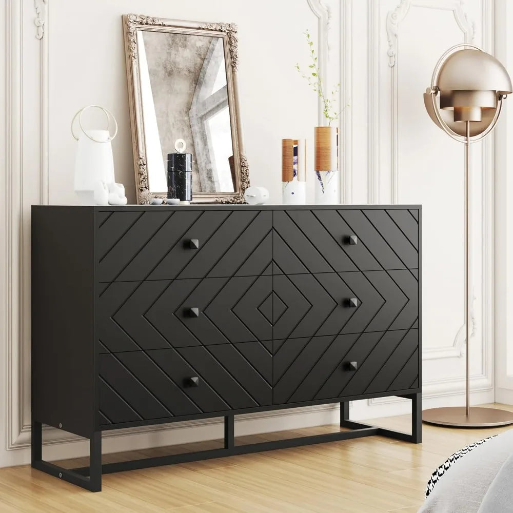 Wooden Dresser for Bedroom, Natural Rattan Dresser with Drawers 6 Drawer Chest of Drawers, Double Dressers Chest for Living Room