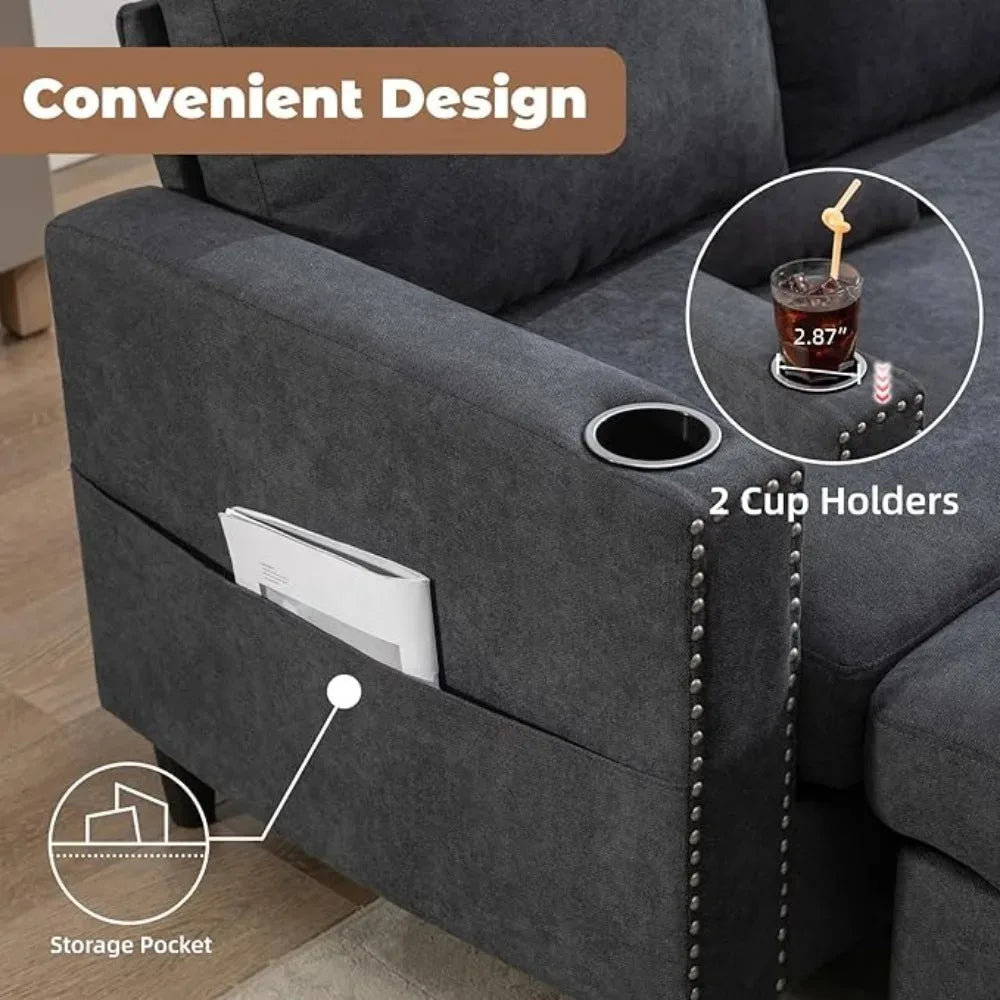 Sectional Sofa with Ottoman Nail-Head Design Linen Right Facing Modern Couches with Cup Holder L Shaped Sectional Sofa