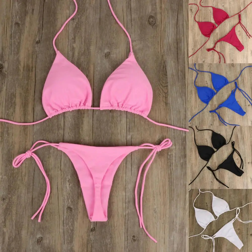 2 Pcs/Set Bikini Set Solid Color Halter Neck Strap Thong Women Swimsuit Set Beachwear Women Swimsuit Sexy Bathing Suit Bikinis