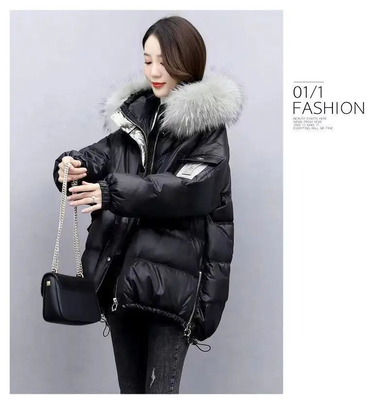 2024 Winter New Warm Down Cotton Jacket With Large Fur collar Hooded Coat Loose Women Thicken Parker Puffer Overcoat Casual wear