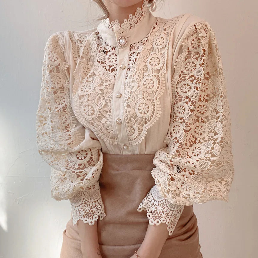 Fashion Long Sleeve Women Blouse Hollow Out Lace Blouse Shirt Tops Women Blusas Mujer De Moda 2024 Blouses Femme Women Shirts