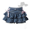 Blue Denim Pleated Skirt Bow Fold Design Women's A-line Short Skirt Built in Shorts American Spicy Girl Korean Fashion Hotsweet