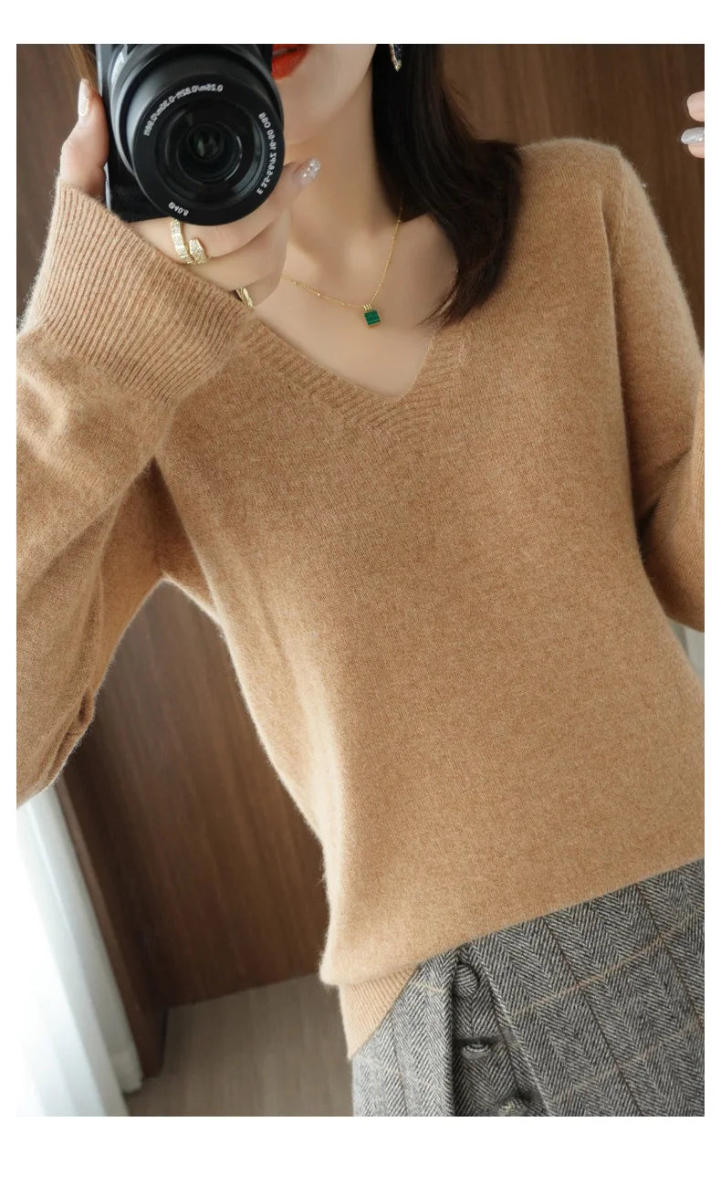 New Cashmere Women's V-neck Pullover Lace Neck Hollow Out Design Casual Knitted Long Sleeve Women's Sweater Autumn And Winter