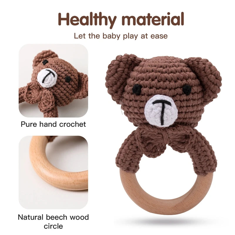 1PC Crochet Animal Bear Rattle Toy Soother Bracelet Wooden Teether Ring Baby Product Mobile Pram Crib Wooden Toys Newborn Gifts