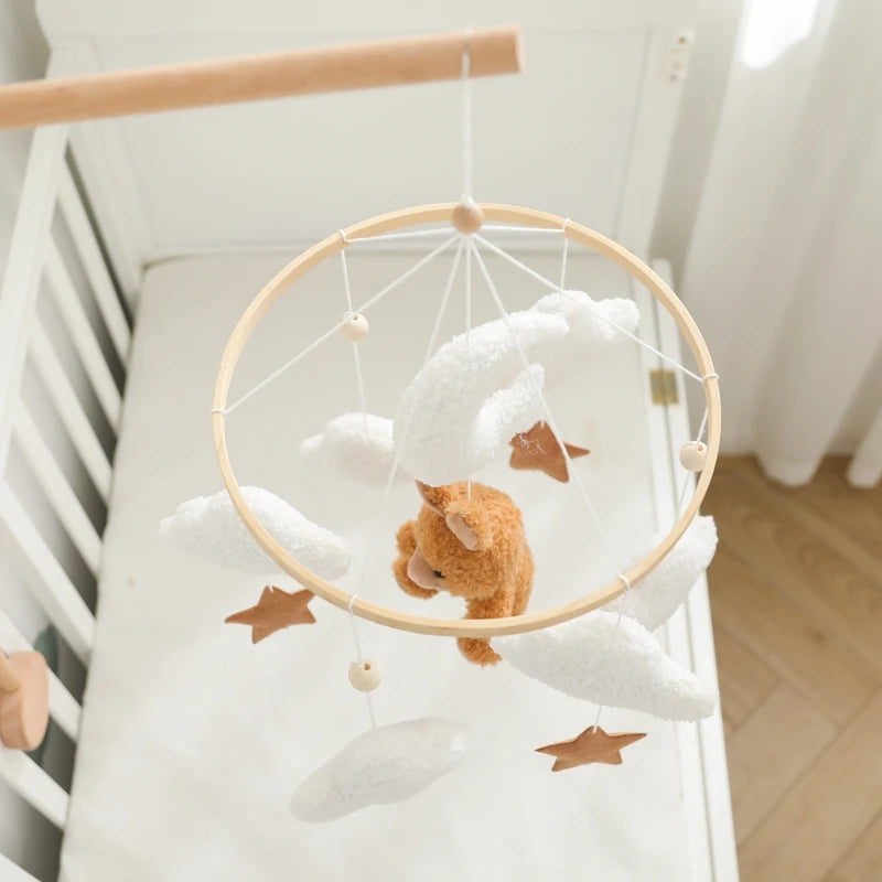 Wooden Crib Mobile Baby Bed Bell Rattle Toy Soft Felt Cartoon Bear Mobile Hanging Newborn Music Box Bed Bell Hanging Bracket Toy