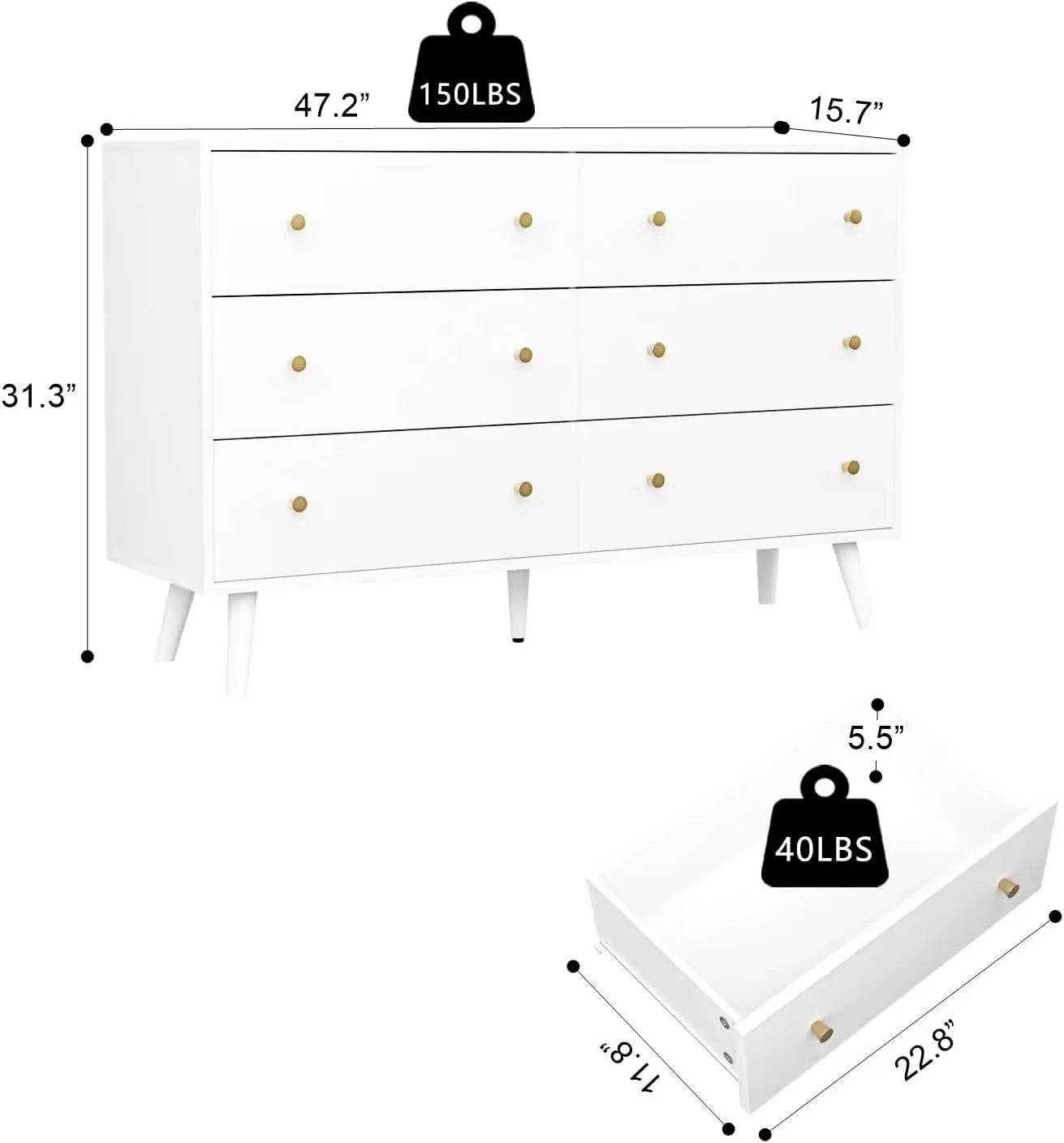 White Dresser for Bedroom, Modern 6 Drawer Dresser, Wide Chest of Drawers with Gold Handles, Wood Double Dresser Storage Cabinet