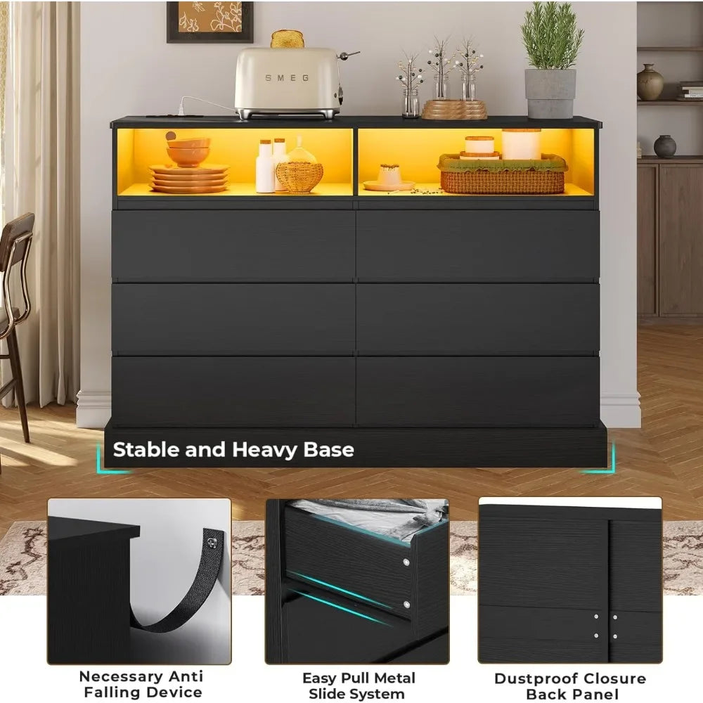 Black Dresser with LED Lights and Charging Station, 51.2" Long Dresser Chest,Modern 6 Drawer Dresser for Bedroom, Living Room