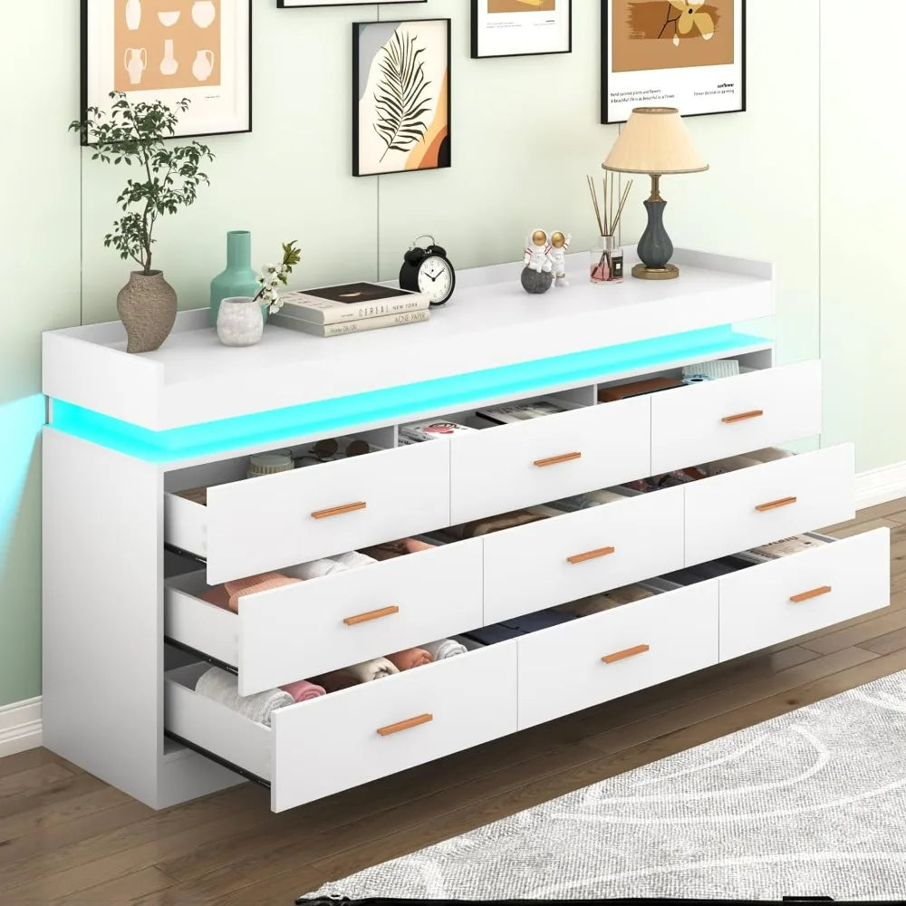 9 Drawer Dresser with LED Light, Modern Chest of Drawers for Closet, Wide Drawer Organizer Cabinet for Bedroom, White