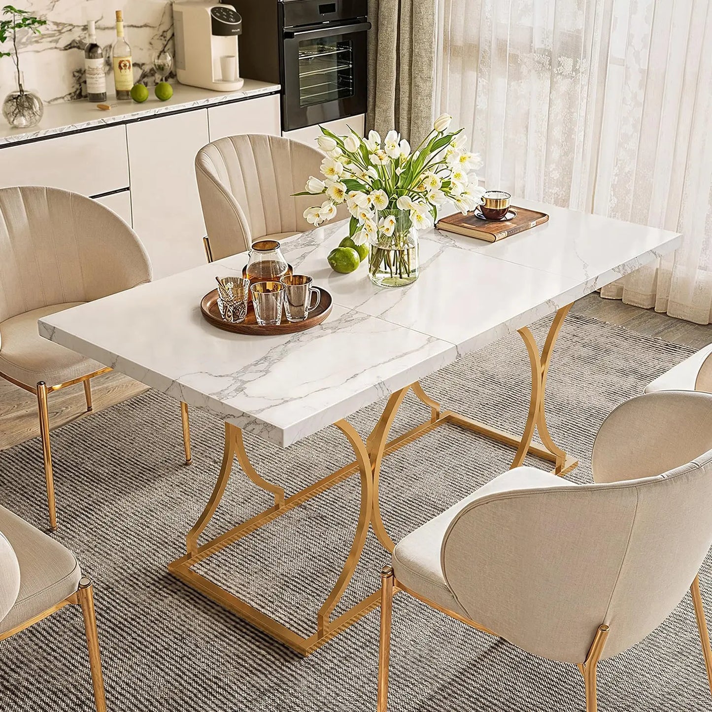 Round Dining Table 47.24 Inch Kitchen Table for 4 People Wooden Marble Pattern Dinner Room Table with Gold Base for Home office