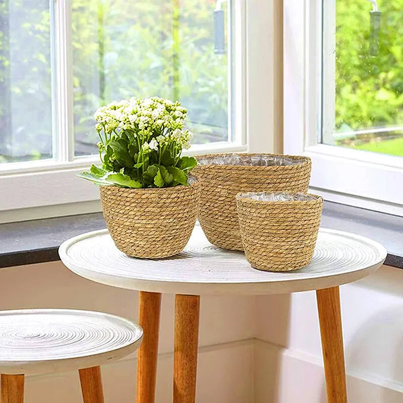 Handmade Woven Planter Basket Laundry Storage Decorative Basket Straw Wicker Rattan Seagrass Garden Flower Pot Storage Basket