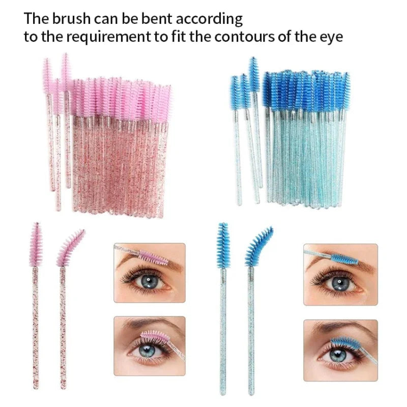 CNK 50Pcs Disposable Crystal Eyelash Brush Mascara Wands Applicator Diamond Rod Makeup Brushes for Women Eyelash Extension Tool