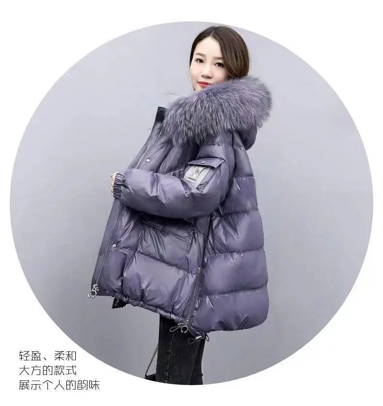 2024 Winter New Warm Down Cotton Jacket With Large Fur collar Hooded Coat Loose Women Thicken Parker Puffer Overcoat Casual wear