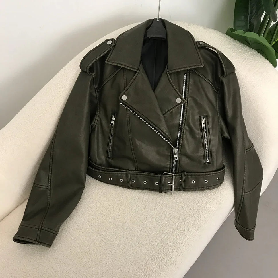 New Spring Woman Faux Leather Jacket Chic Vintage American street wear Short Lapel Zipper Belt Biker Coats Fashion Streetwear