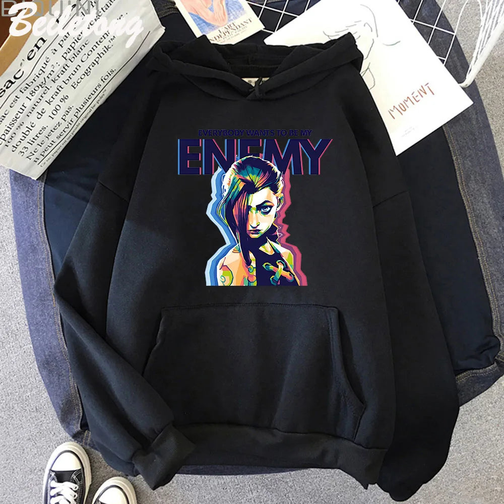 Jinx Arcane Hoodie ENEMY Cool Graphic Print Sweatshirt Women Tracksuit Sudaderas Aesthetic Clothes Streetwear Manga Casual Male