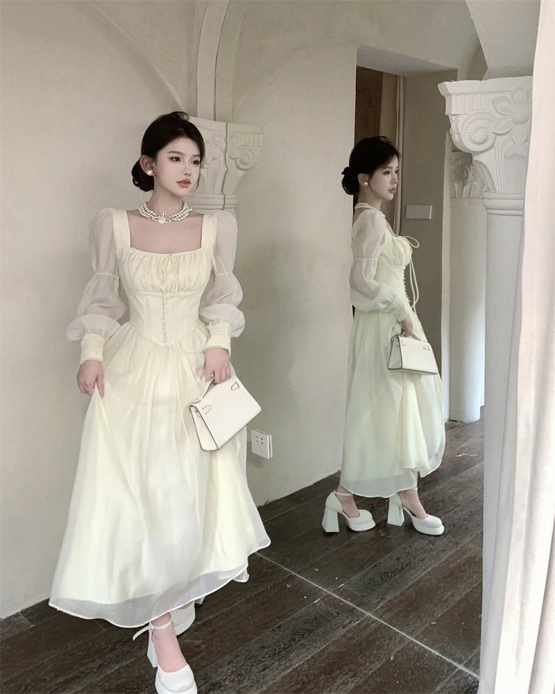 Elegant Princess Party Dress Women High Waist A-line Lace Up Autumn Spring French Vintage Prom Robe One Piece Vestidos Mujer New