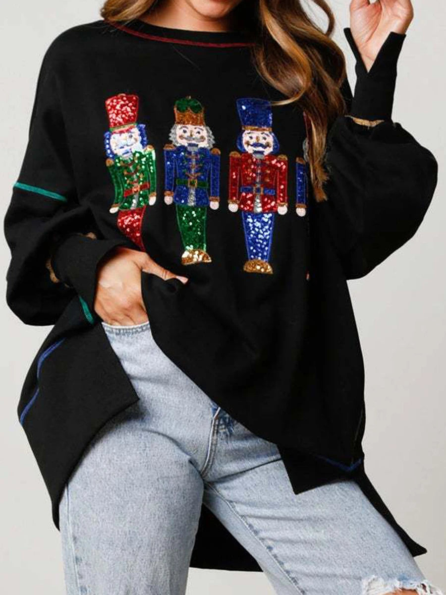 Women Y2k Nutcracker Graphic Sweatshirt Sequin Christmas Sweater Nutcracker Shirt Crewneck Long Sleeve Pullover Jumper Tops