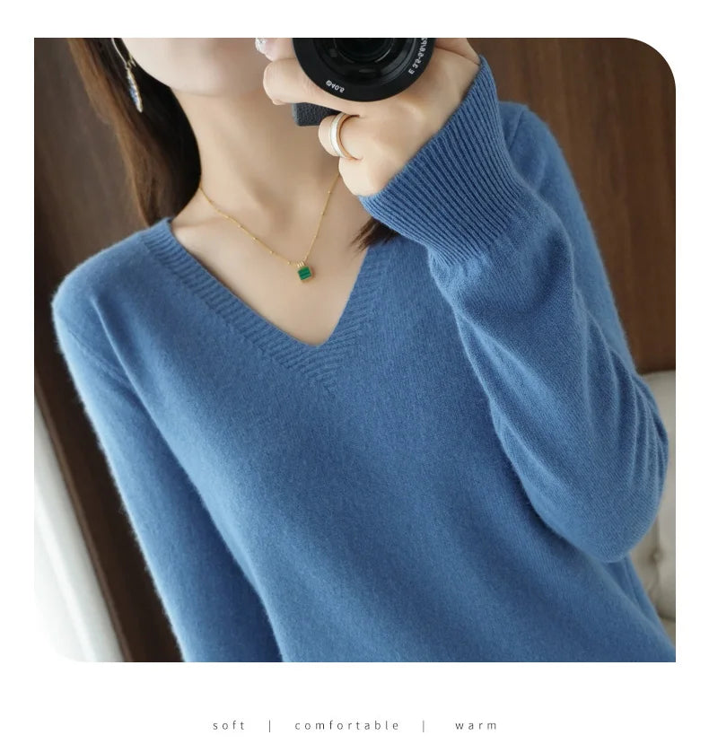 New Cashmere Women's V-neck Pullover Lace Neck Hollow Out Design Casual Knitted Long Sleeve Women's Sweater Autumn And Winter