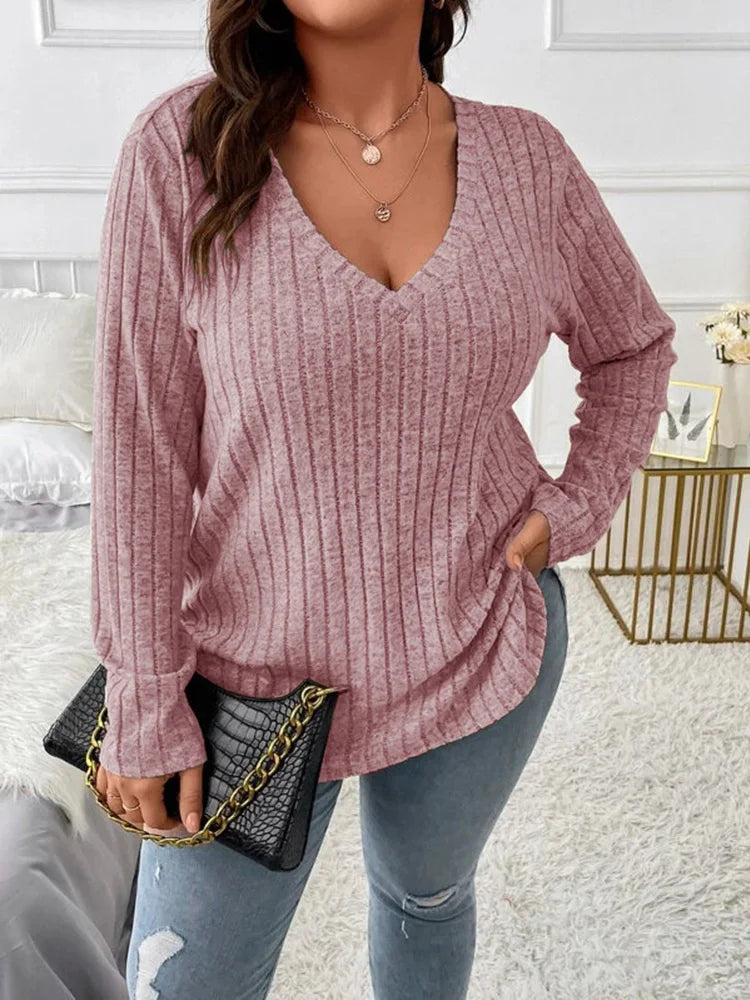 GIBSIE Plus Size Women's Casual V-Neck Long Sleeve Tees Shirt 2024 Spring Autumn Fashion Loose Ribbed Knit Tops for Women