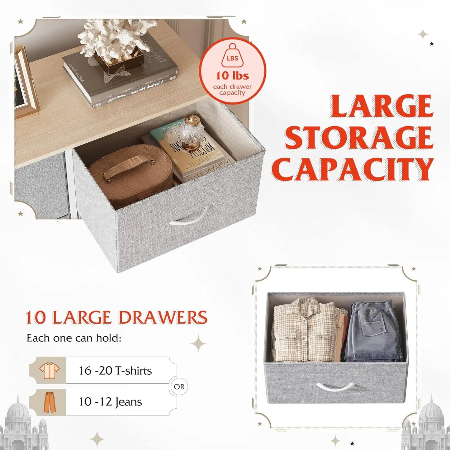 Tall Dresser for Bedroom with 10 Drawers, Chest of Drawers, Fabric Dresser for Closets, Storage Organizer Unit with Fabric Bins,