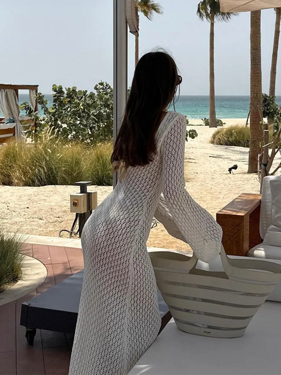 Sexy Women White Long Knit Sleeve Bikin Fashion Cover up Female See-Through Deep V-Neck Hollow-Out Beach Knitwear Backless Dress