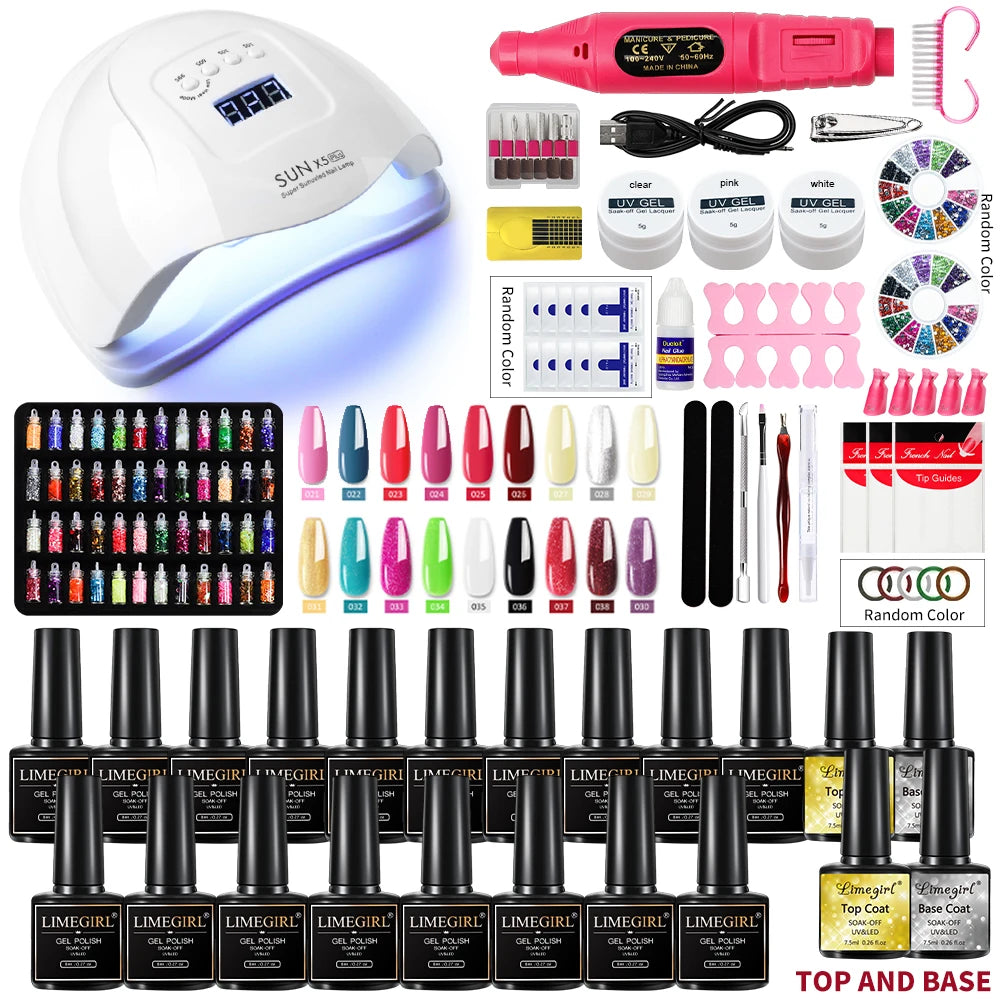 Nail Set Gel Nail Polish Set and Nail Drill Machine Kit With UV LED Lamp Manicure Set Tools Kit Nail Art Set Building Nail Gel