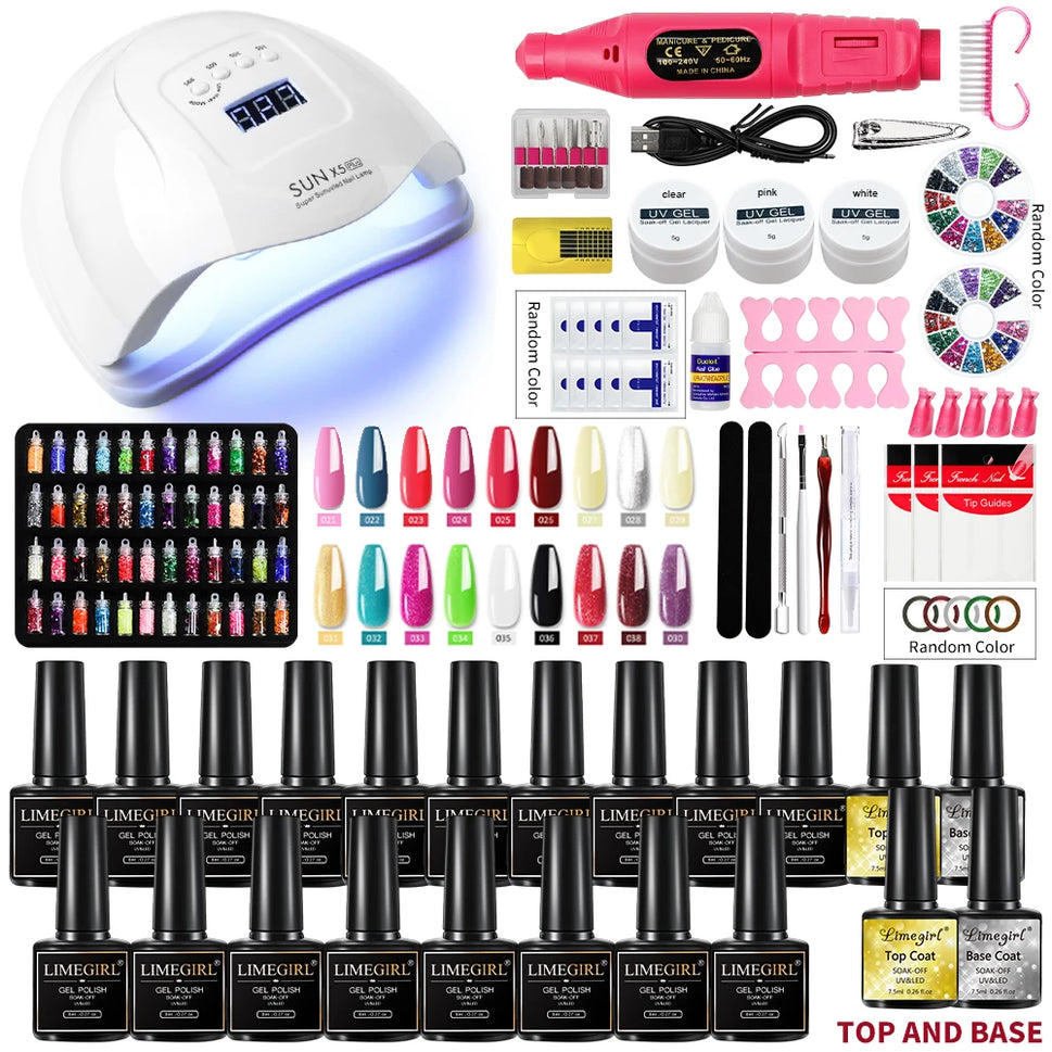 Nail Set Gel Nail Polish Set and Nail Drill Machine Kit With UV LED Lamp Manicure Set Tools Kit Nail Art Set Building Nail Gel