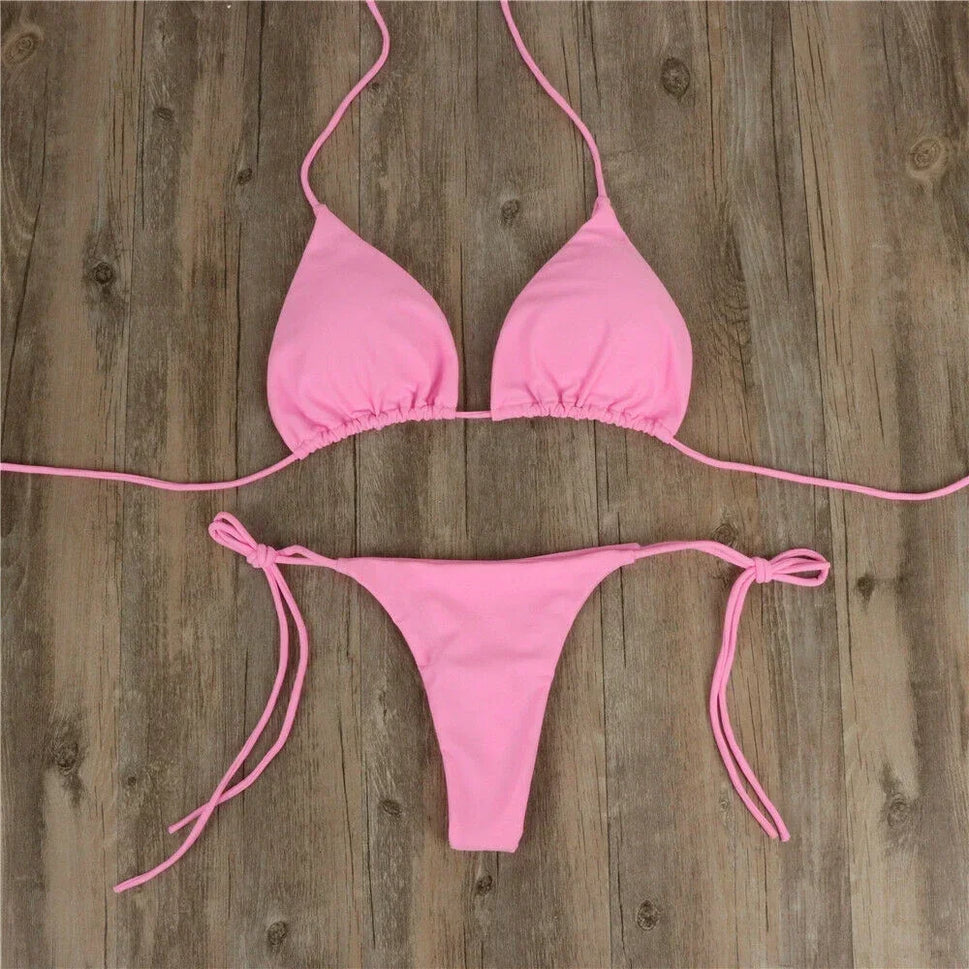 Sexy Women Swimsuit Thong Bikini Set Side Lace-Up Bandage Neck Tie Swimwear Adjustable Beachwear Bikini Solid Underwear 2024