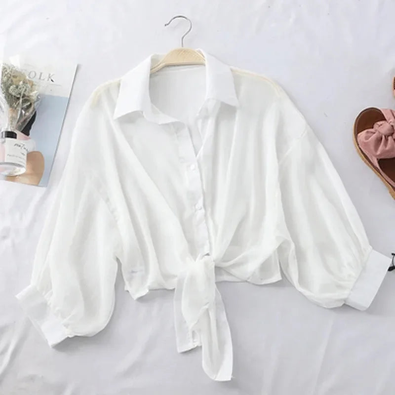 Casual Loose Hollow White Clothes Elegant Solid Color Tied Waist Blouse Women Summer Bat Half Sleeve Button Chiffon Shirt 9776