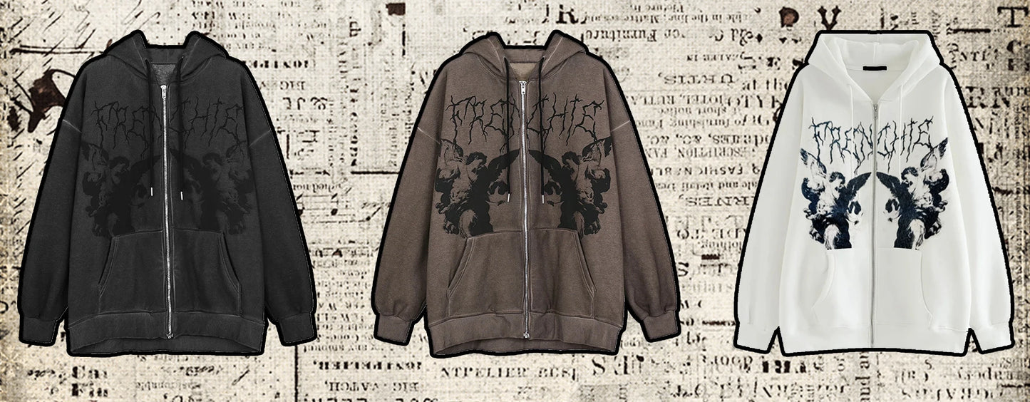 Y2K Aesthetic Vintage Slim Sweatshirts Embroidery Graphic Pattern Zip Up Hoodies 2000s Retro Grunge Mall Goth Jacket Autumn Coat